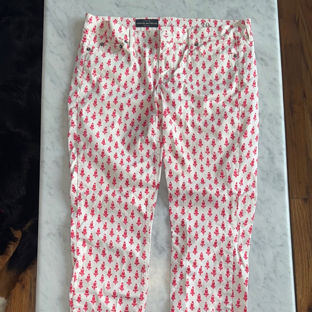 J. Crew Pink and White Cropped Matchstick Pants
